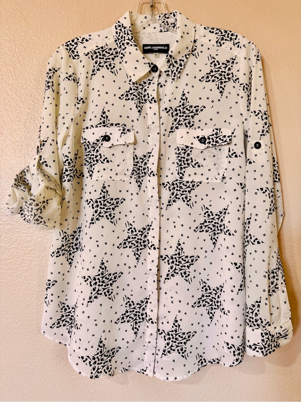 Karl Lagerfeld Paris Eiffel Tower Star Print Blouse White Sz S